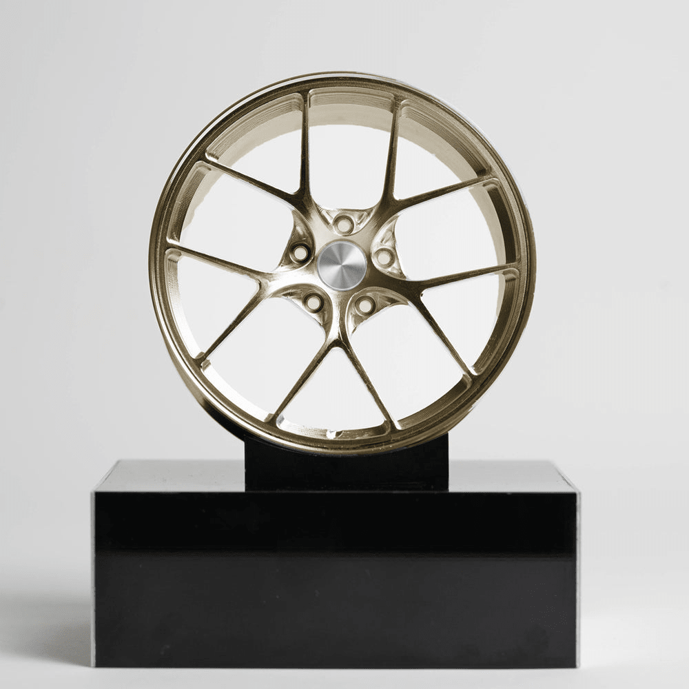 CNC-gefräste Aluminium Deko Felge im Maßstab 1:5, 10-Spoke Classic in Gold, Frontansicht