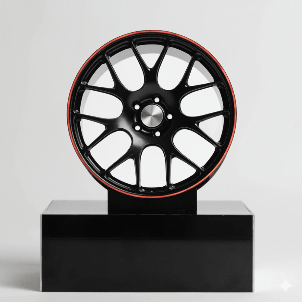 CNC-gefräste Aluminium Deko Felge im Maßstab 1:5, 7-Spoke Trackline in schwarz, Frontansicht