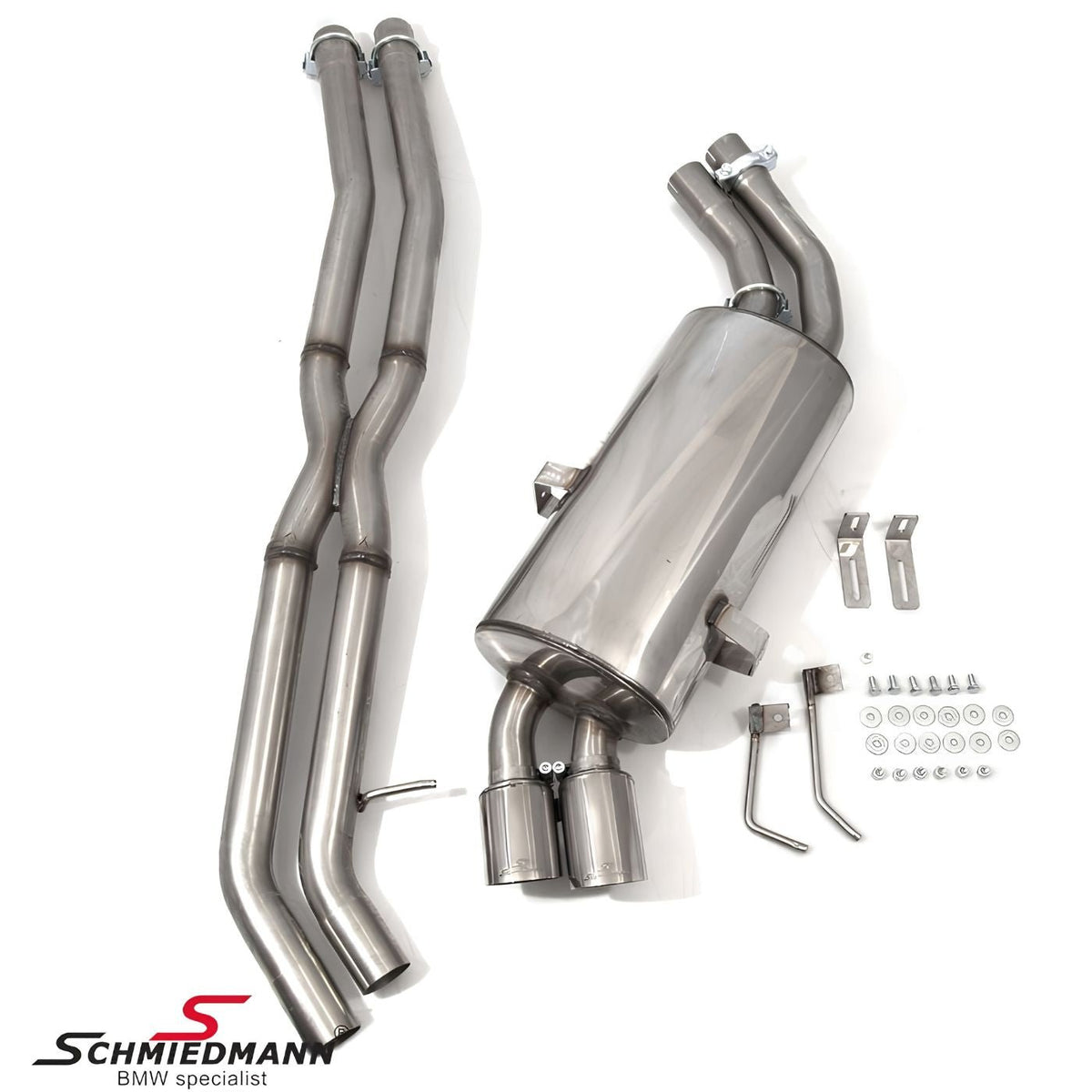 Schmiedmann Edelstahl Sportendschalldämpfer 2x76 mm gerollt inkl. X-Rohr passend für BMW E91 325i & 330i