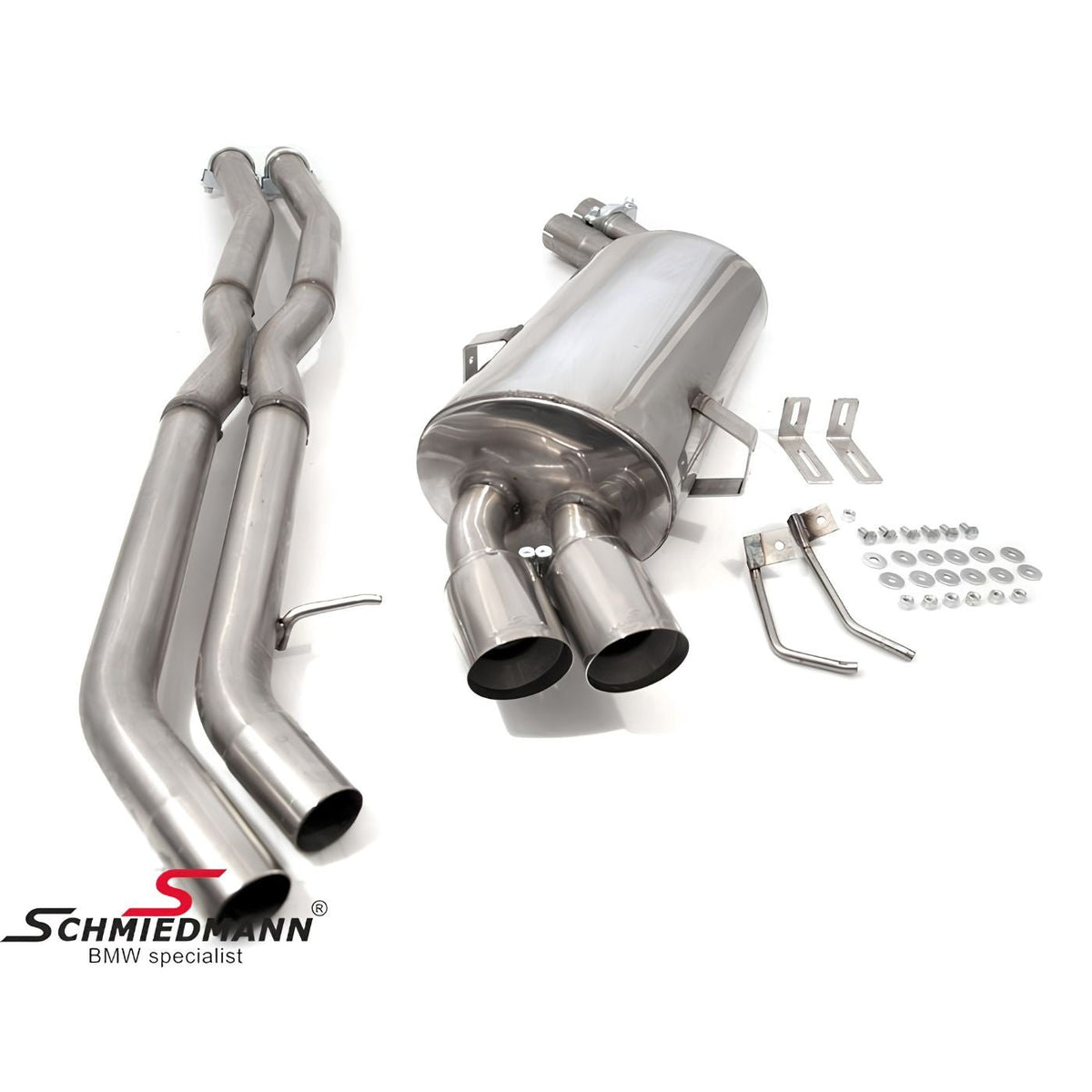 Schmiedmann Edelstahl Sportendschalldämpfer 2x76 mm gerollt inkl. X-Rohr passend für BMW E91 325i & 330i