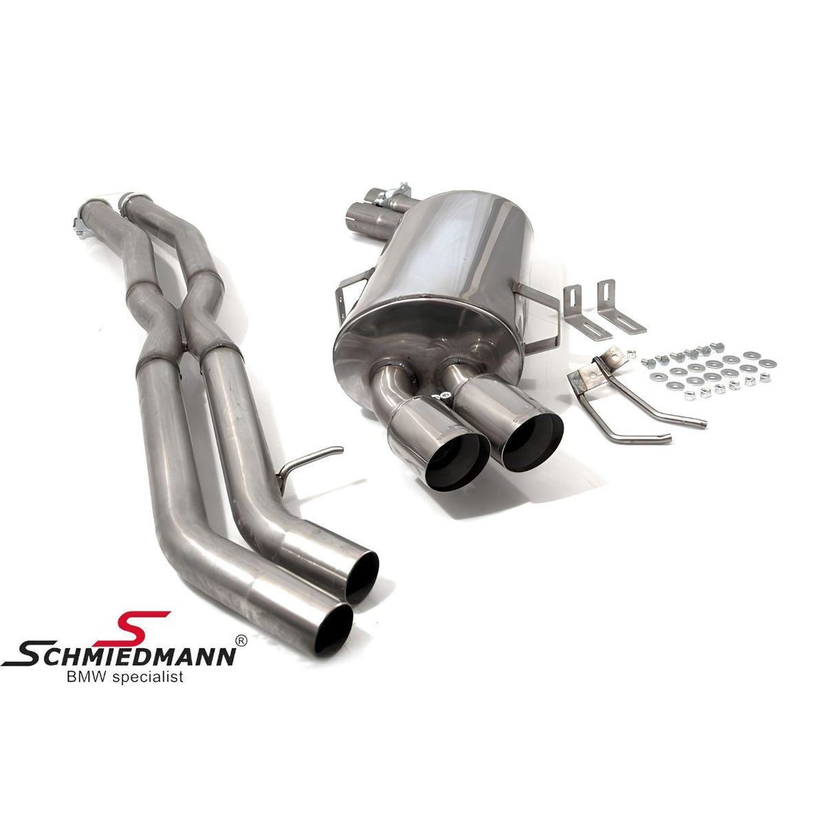 Schmiedmann Edelstahl Sportendschalldämpfer 2x76 mm gerollt inkl. X-Rohr passend für BMW E91 325i & 330i