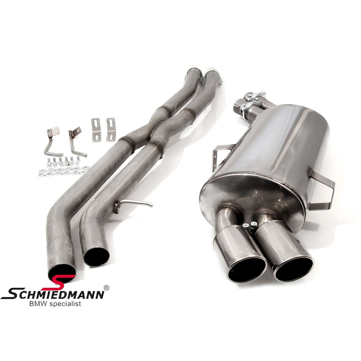Schmiedmann Edelstahl Sportendschalldämpfer 2x76 mm scharf inkl. X-Rohr passend für BMW E91 325i & 330i