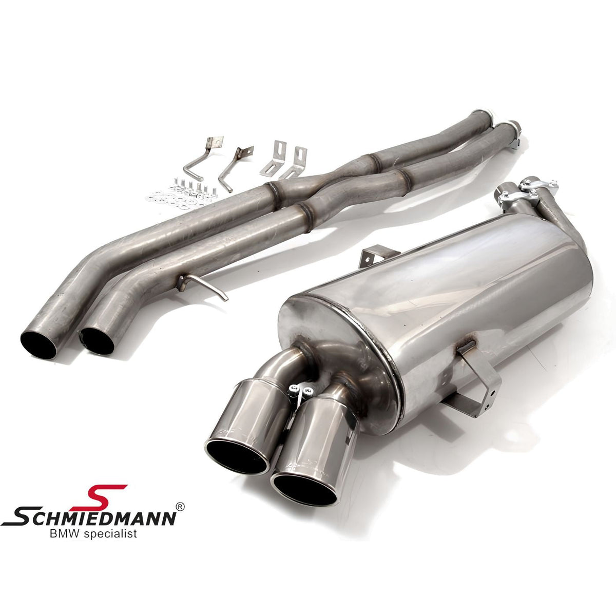 Schmiedmann Edelstahl Sportendschalldämpfer 2x76 mm scharf inkl. X-Rohr passend für BMW E91 325i & 330i