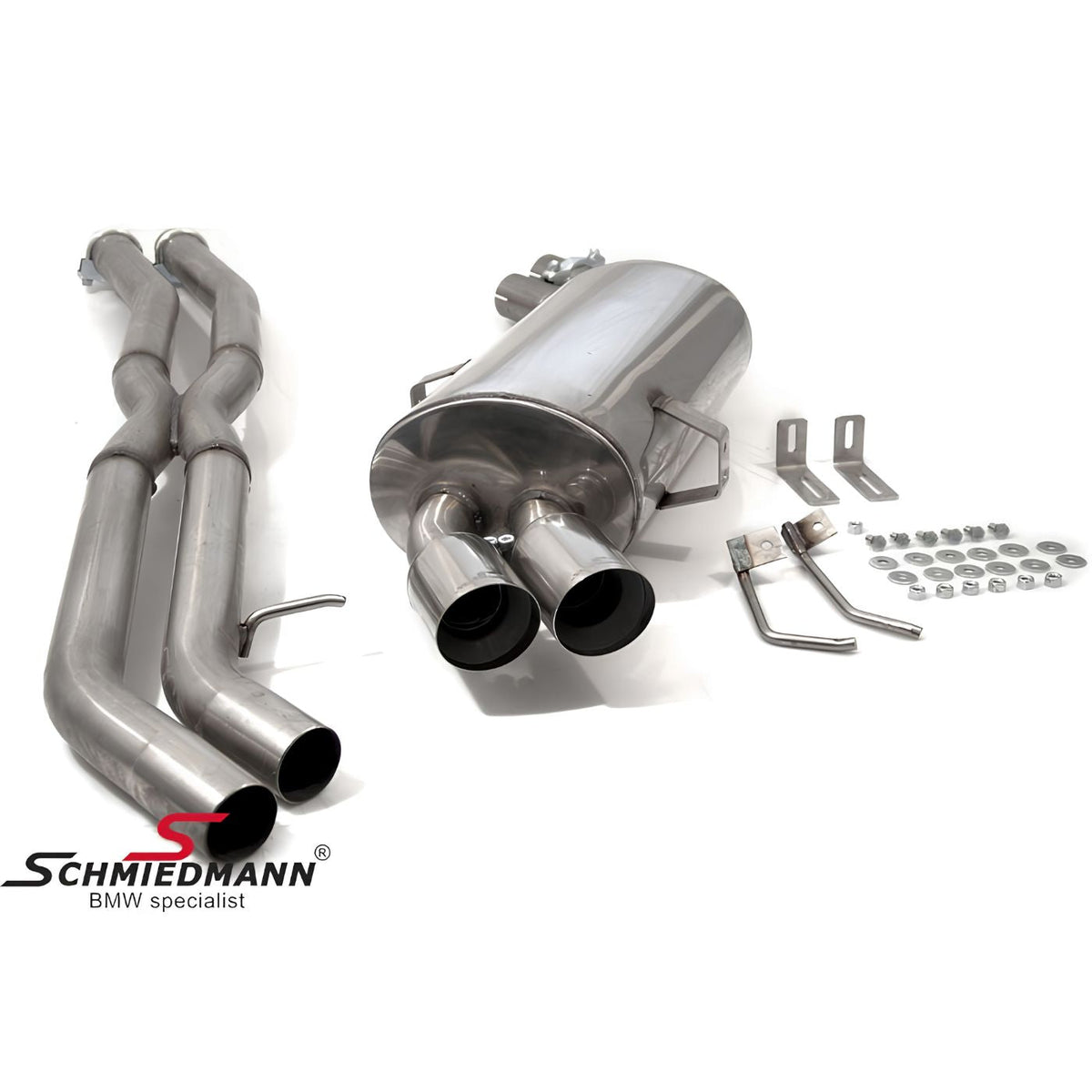 Schmiedmann Edelstahl Sportendschalldämpfer 2x76 mm gerollt inkl. X-Rohr passend für BMW E91 325i & 330i