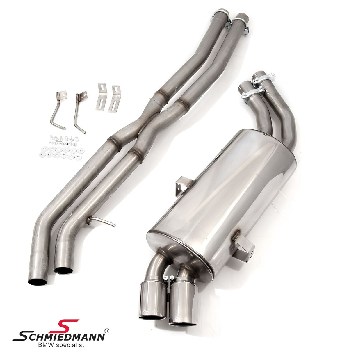 Schmiedmann Edelstahl Sportendschalldämpfer 2x76 mm scharf inkl. X-Rohr passend für BMW E91 325i & 330i